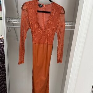 bebe Rust Lace Long Sleeve Dress